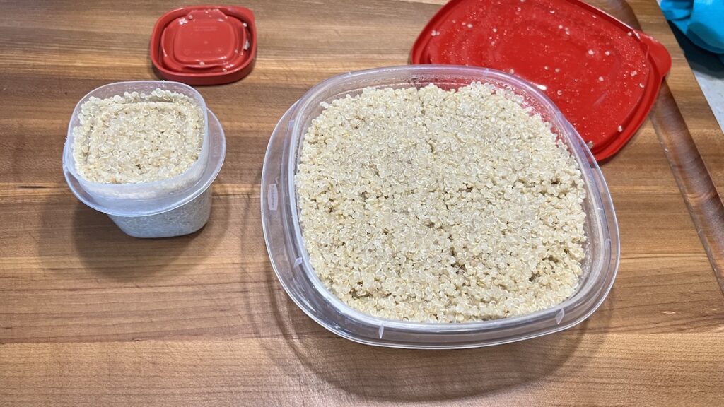 Pre cooked quinoa in a single serving container and bulk container